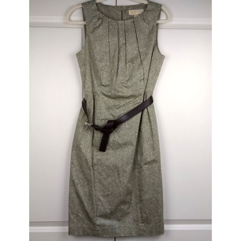 MICHAEL Michael Kors Sleeveless‎ Cotton Sheath Dress & Belt Size 8 Sage Gray NWT